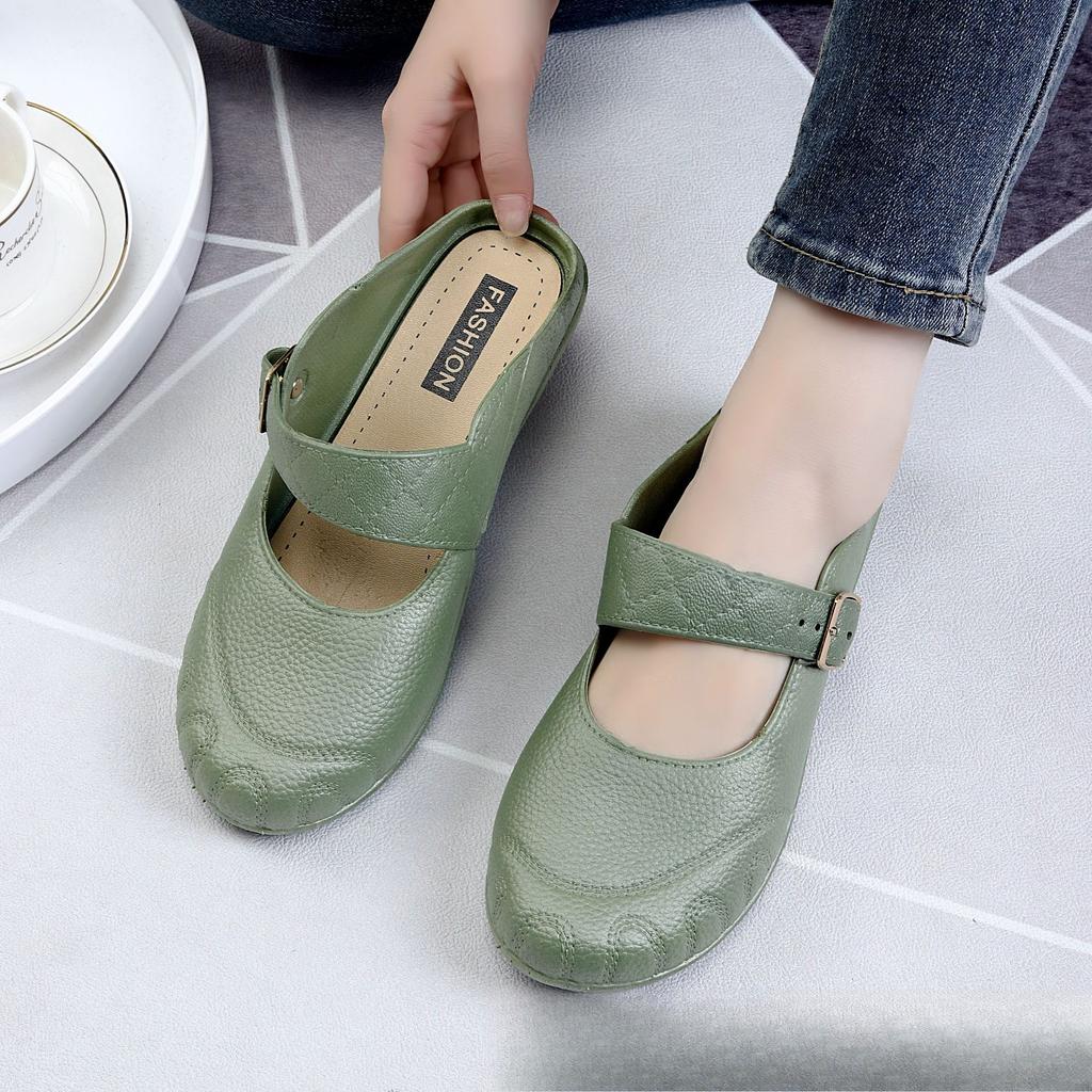 Fashion Women Mules 2025 Summer Elegant Square Closed Toe Flat Slippers Female Shoes Casual Leather Black White Slides Big Size