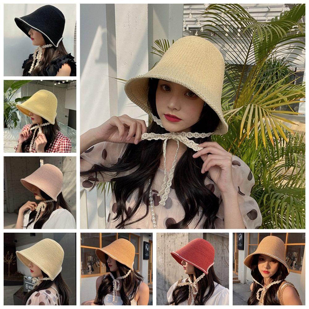 

Flat Brim Sun Hat Womens With Lace Rope Bucket Hat for Women Fashion Visors Hat Beach