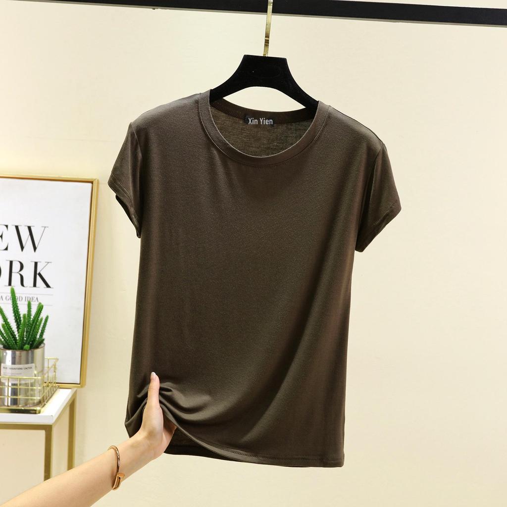 Damski bawełniany T-shirt z krótkim rękawem w jednolitym kolorze – Casualowy luźny krój, prosty letni styl