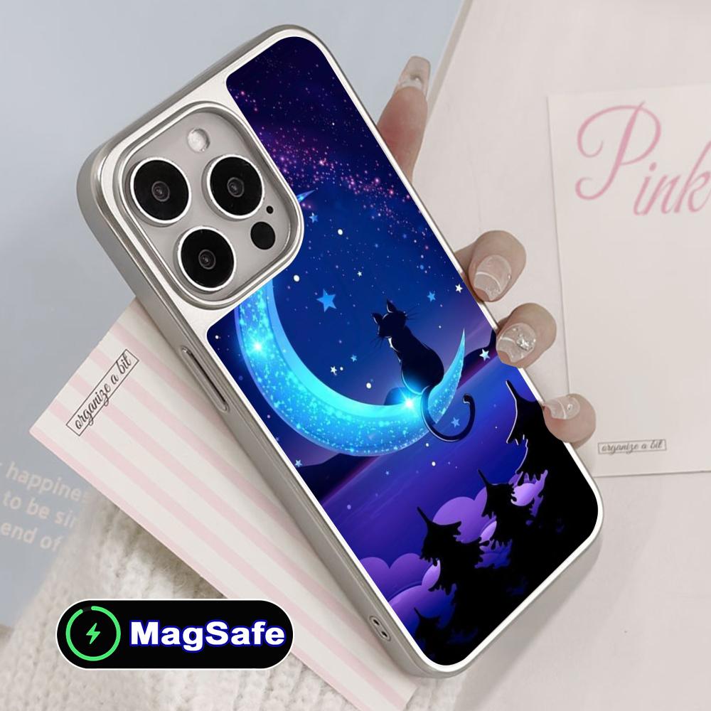 Luna Mond Katze Handyhülle für iPhone 17 16 15 14 13 12 11 Air Pro Max Plus Magsafe Silberbeschichtung Bunte Hülle Luxus