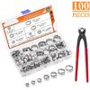 100 Pieces 6-21mm 304 Stainless Steel Single Ear Stepless Hose Clamps With Pincers Kit
