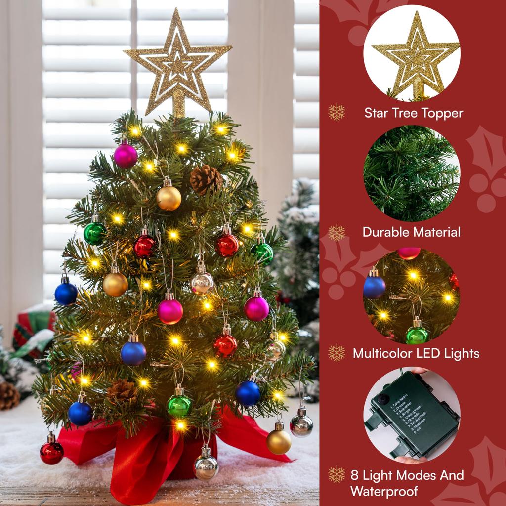 Joyfy 24 Inch Mini Christmas Tree with Lights Prelit Artificial Christmas Tree with Decorations Holly Berries Pine Cone Light Up