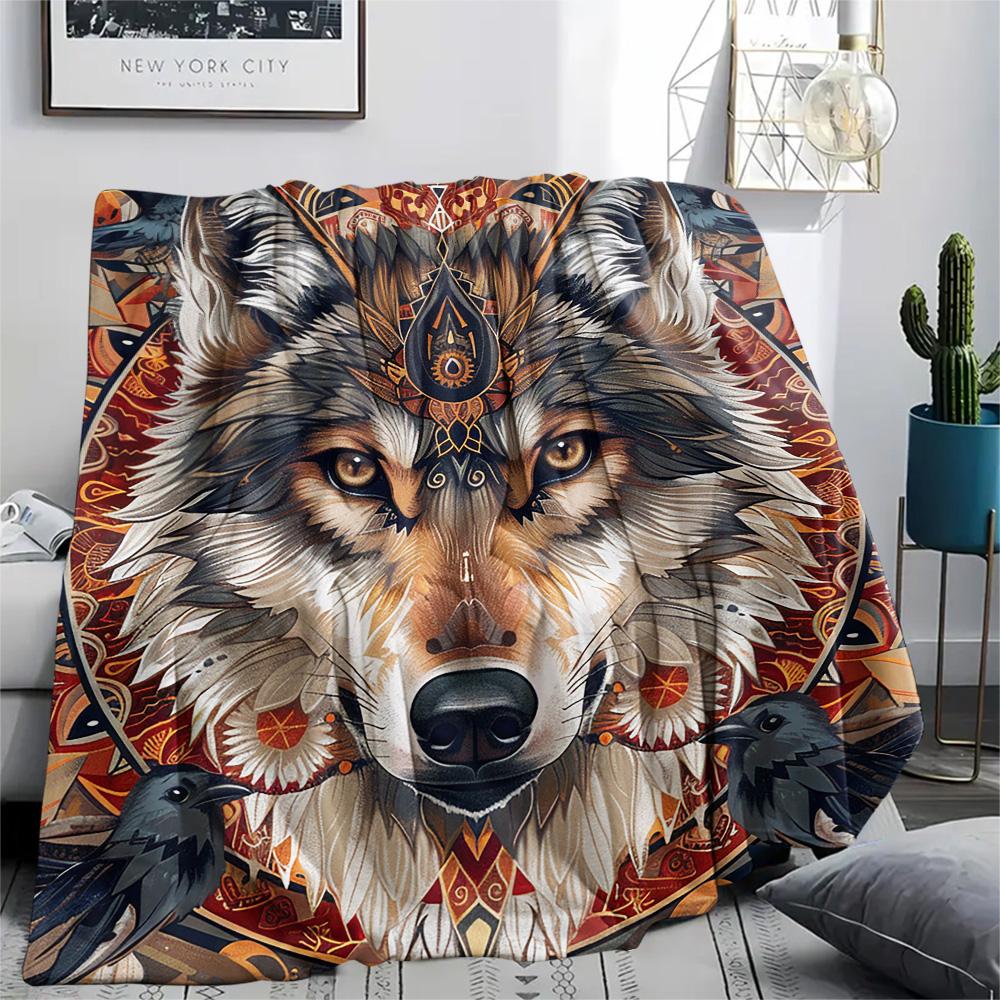 Primitive Wolf Print Flannel Blanket, High quality Comfortable for All Seasons, Home Decor, Warmth and Comfort, Perfect for Christmas Gifts