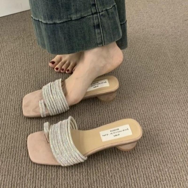 Fashion 2025 Summer Women Crystal Clip Toe Slippers Concise Thick Low Heel Slide Ladies Outdoor Dress Sandalias