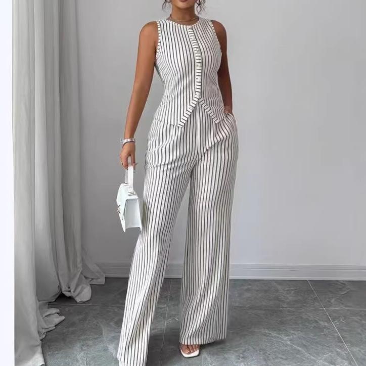 1116 New Striped Vest Long Pants Set, Summer Women's Casual Wear, Elegant Commuter Two-Piece Set