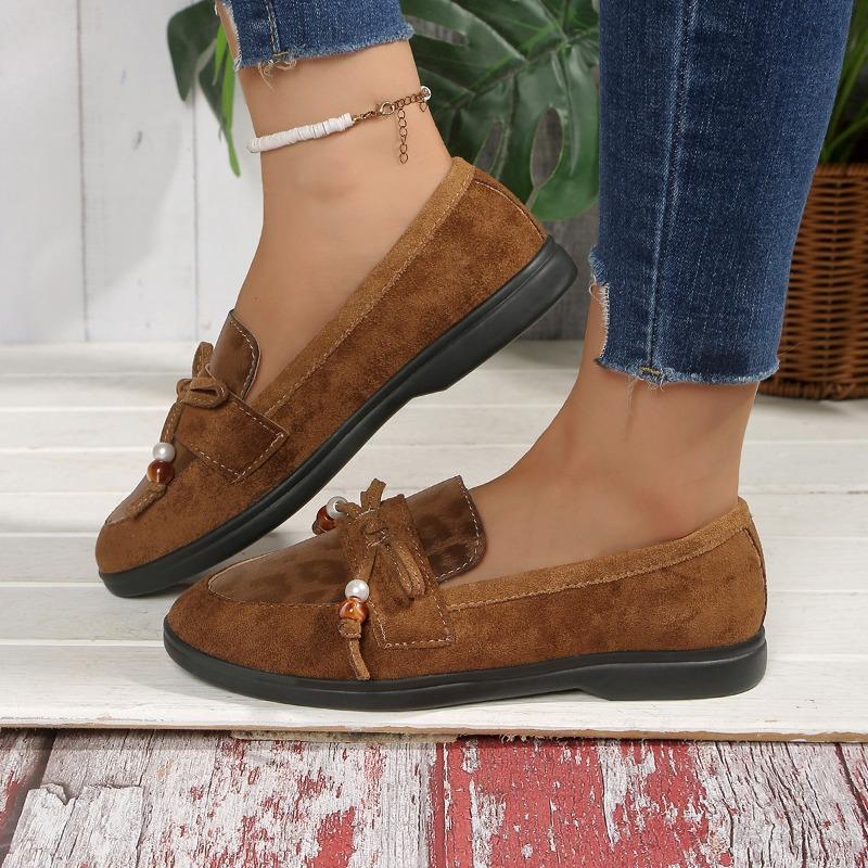 Cow Suede Round Toe Flats Spring/autumn Slip-on Women's Shoes on Sale 2025 New Solid Butterfly-knot Tassel Women's Shoes
