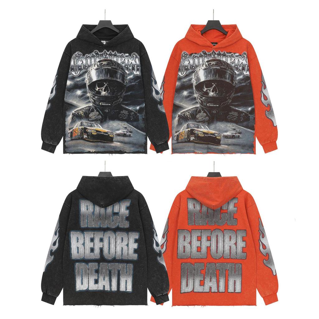 God Bless America Retro Rock Street Print Washed Hoodie - Casual Loose Fit