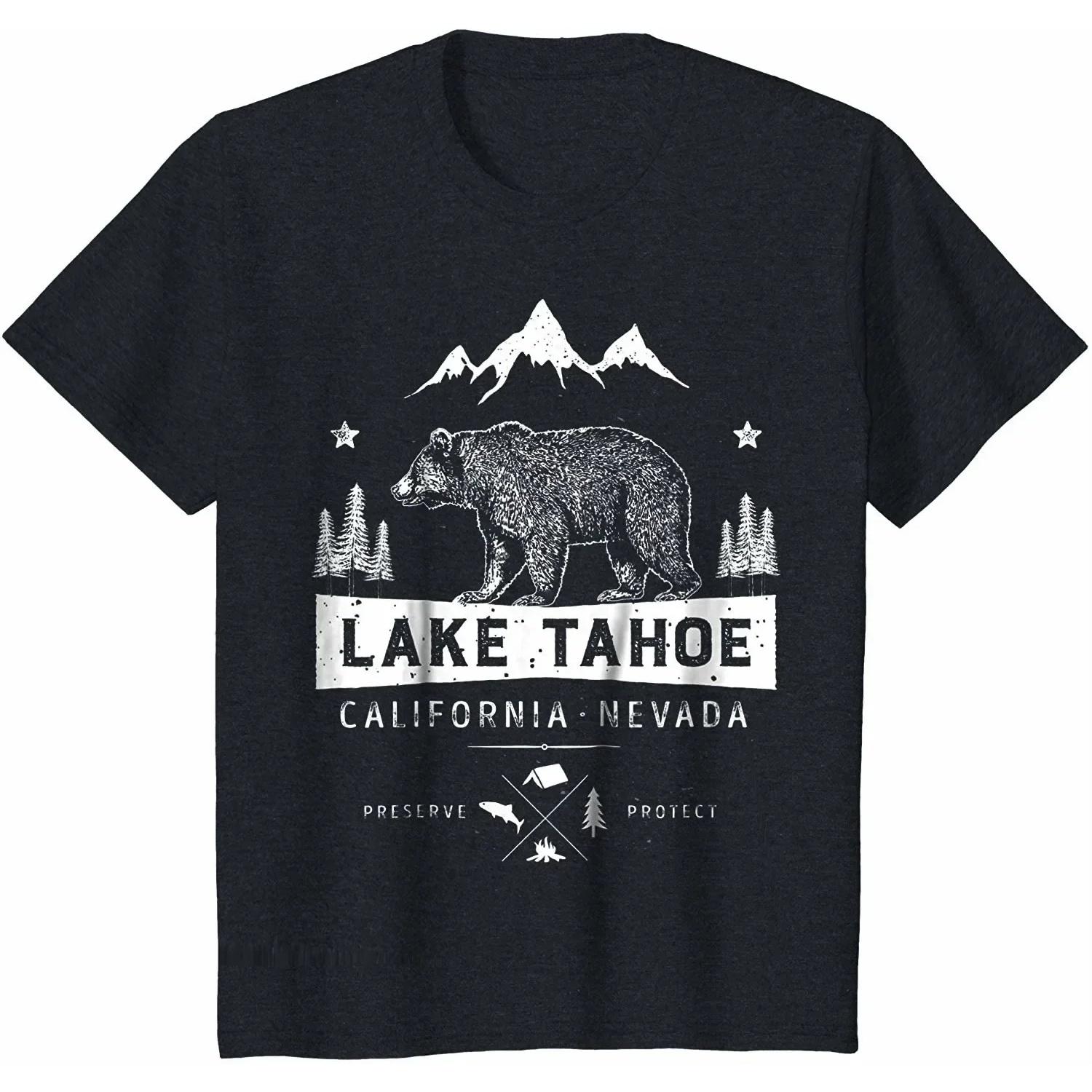 

Lake Tahoe, Nevada, Vintage Bear California Travel T-Shirt 100% Cotton O-Neck Summer Short Sleeve Casual Mens T-shirt Size S-3XL S