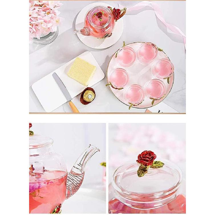 Creative Flower Glass Teapot Crystal Glass Teapot for Kung Fu Tea, Good Gift for Sister, Mom, Grandma, Teachers (Red Rose)