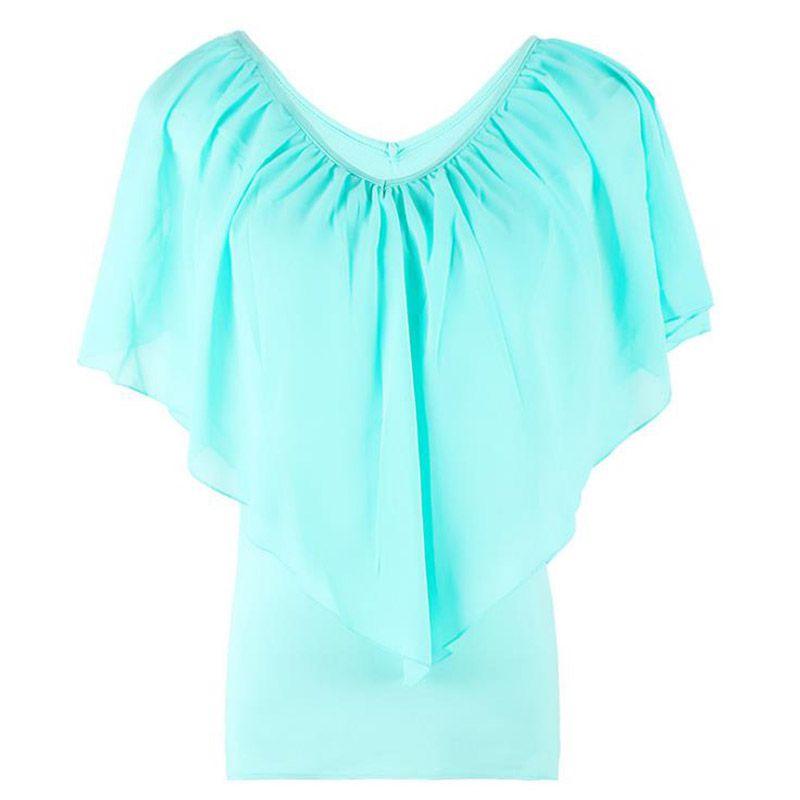 Elegantes Damen V-Ausschnitt Tunika Chiffon Top T-Shirt mit kurzen Ärmeln und lockerer Passform