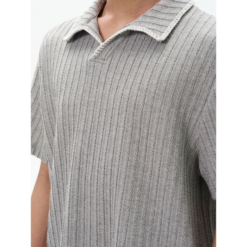 Kisko Simple High Sense of Knowledge Hand Sewing Patchwork Polo Lapel Short Sleeve T-shirt Men and Women Cleanfit Texture Top