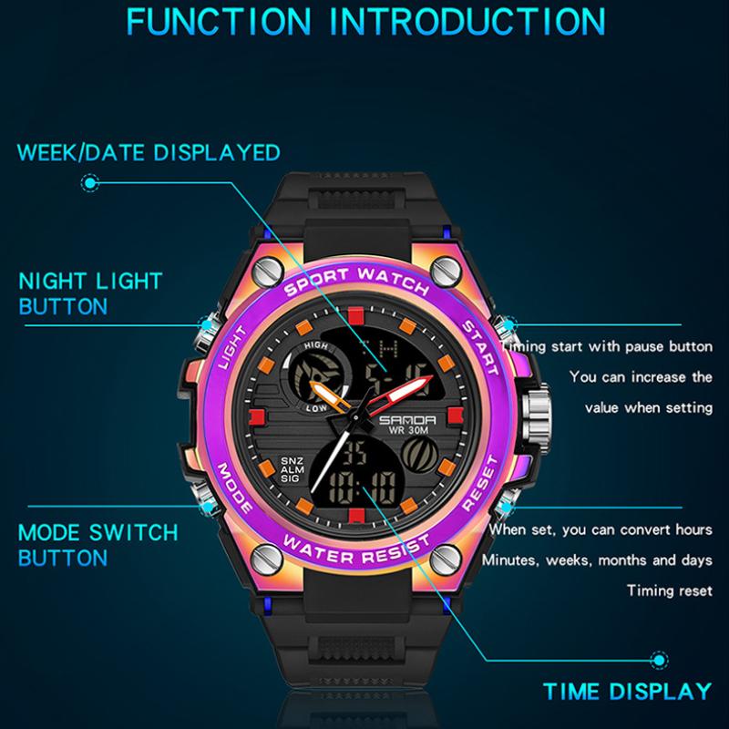 SANDA Fashion Trend Electronic Watch Multifunctional Waterproof Wristwatch