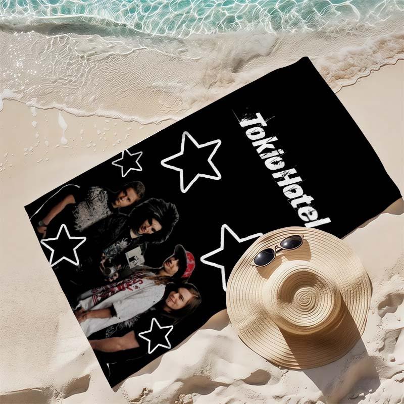 T-Tokio Hotel Band Foto Sternenprint Strandtuch Mikrofaser Weich Schnelltrocknend Schwarz-Weiß Emo Rock Badetuch Für Fans Schwimmen