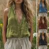 Camisa de Verão Feminina Gola Alta Decote em V Sem Mangas Carcela de Botões Camisa Tops Cor Sólida Camisa Casual