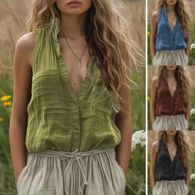 Women Summer Shirt Stand Collar V-Neck Sleeveless Buttons Placket Shirt Tops Solid Color Casual Shirt