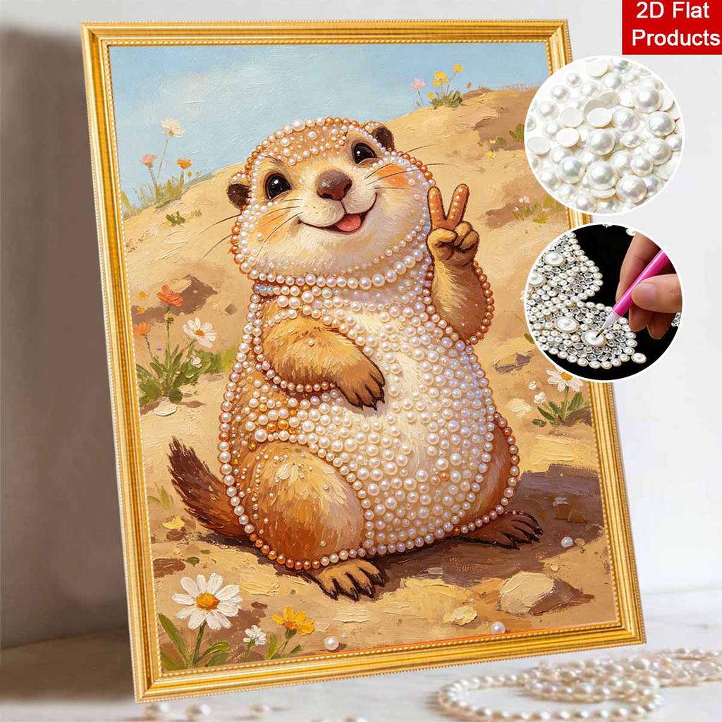 Beautiful Framed Pearl Painting Kit Cute Groundhog Victory Sign DIY 3D Bead Art Canvas Creative Wall Decor Relaxing Hobby Gift for Adults