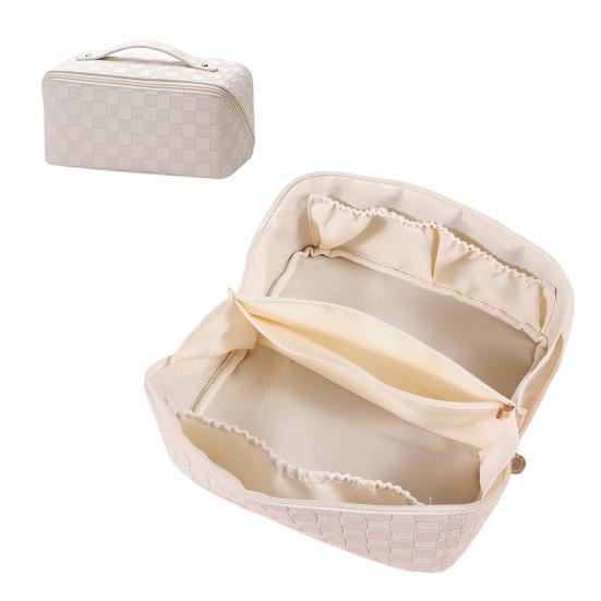 Travel Cosmetic Bag Waterproof Large Capacity Checkered Makeup Bag Open Flat Toiletry Bag for Women Skincare Brushes