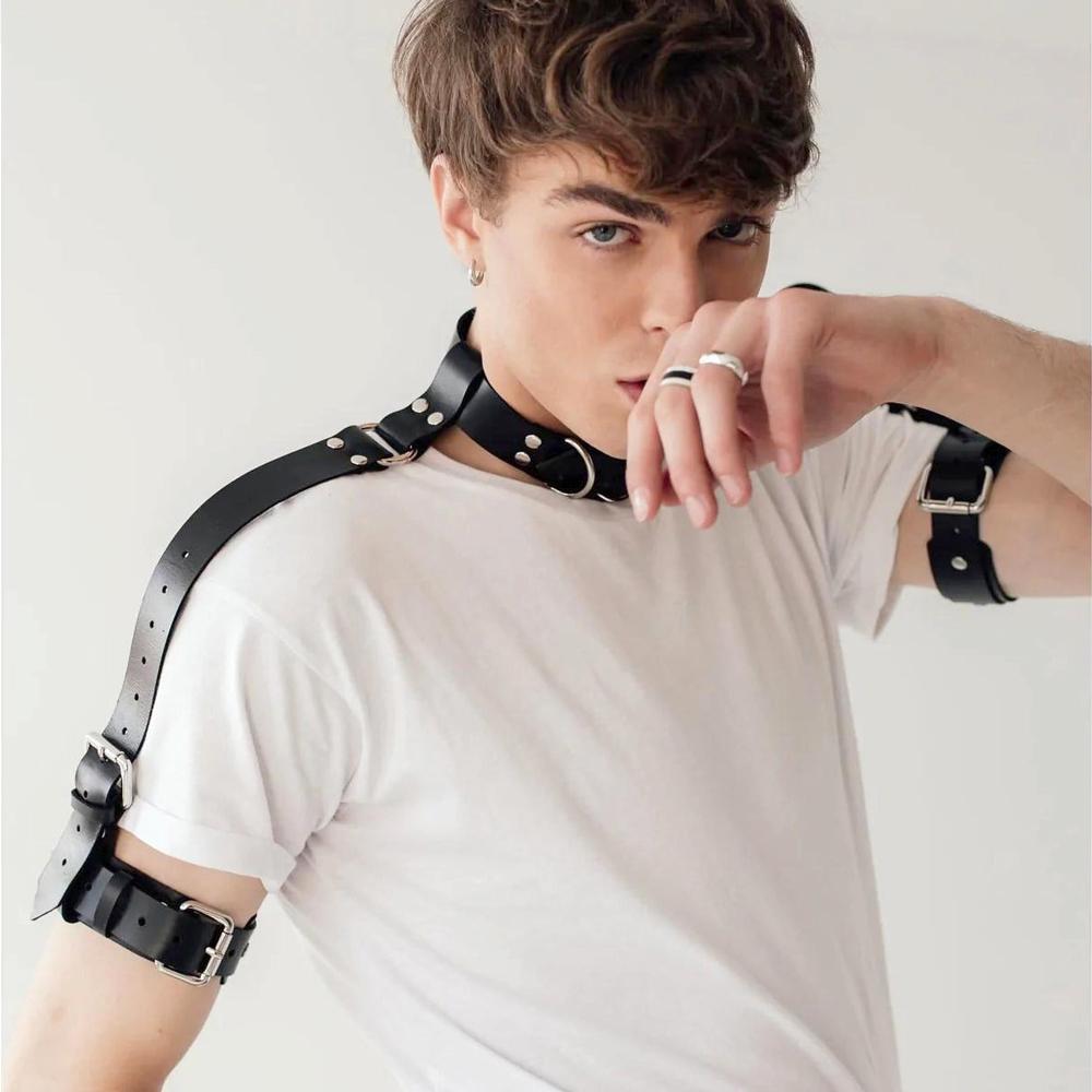 Gay Mens PU Leather Harness Double Shoulder Armors Buckles Sexual Body Chest Harness Belt for Adult Sex Cosplay Halloween Party