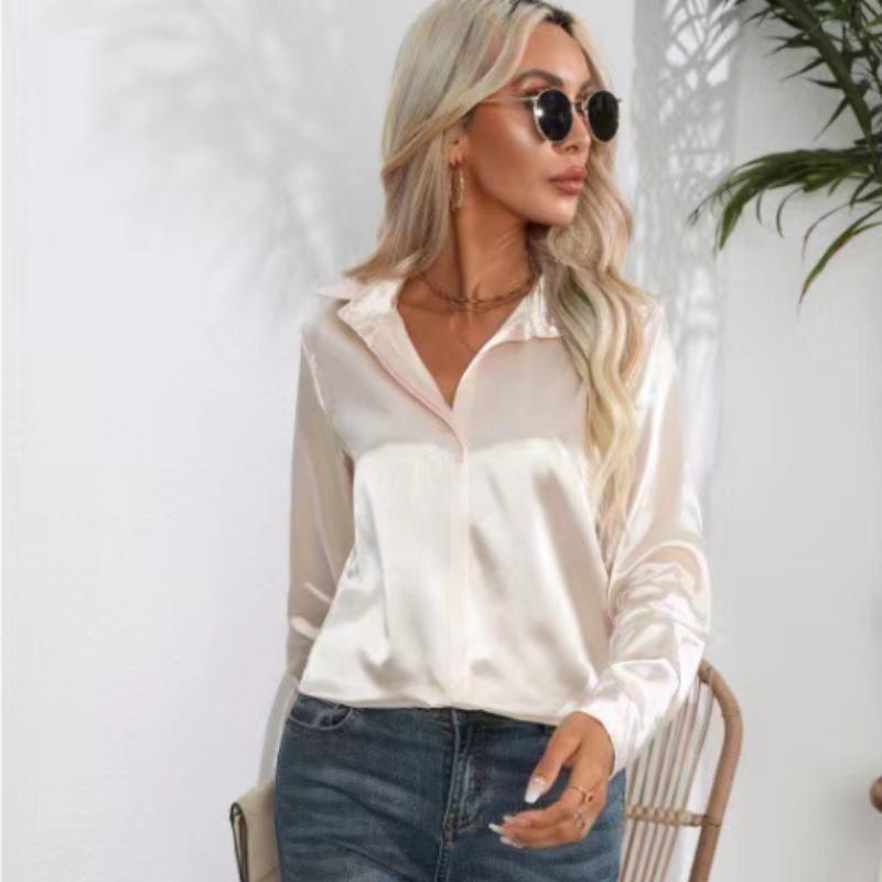 

Стильная однотонная рубашка на пуговицах - женская элегантная блузка с длинным рукавом на весну и осень - классика XL бежевый