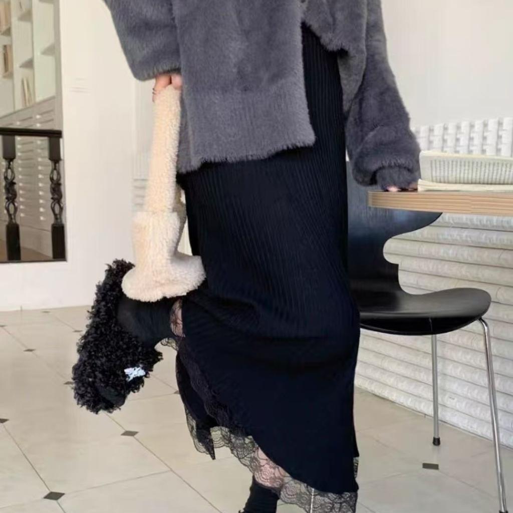Korean-Style Women's Autumn Winter High Waist Slim-Fitting Knitted Midi Skirt with Lace Trim A-Line Versatile Knitted Skirt