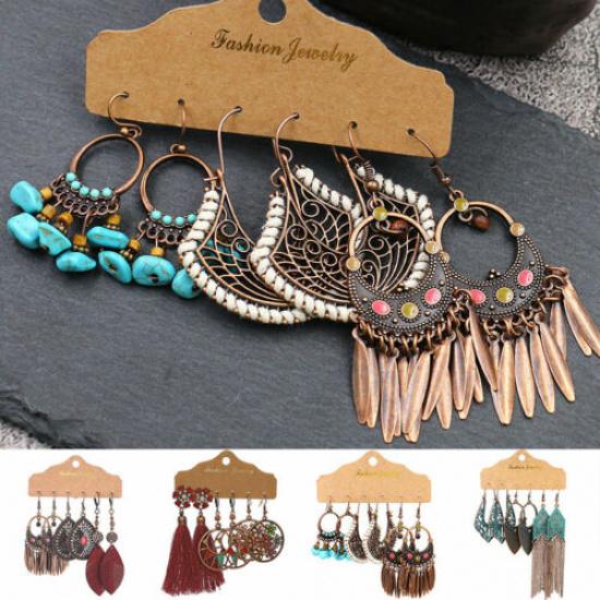 3 Pairs Boho Gypsy Earrings Tribal Ethnic Tassel Turquoise Ear Hook Drop Dangle₊
