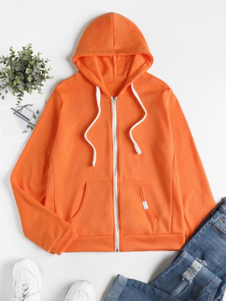 Women's Casual Solid Color Sports Hooded Zipper Jacket Sweatshirt Cardigan Top