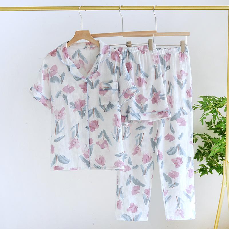 Women's Spring/Summer Pajama Set 100% Cotton Crepe Short Sleeves+Shorts+Pants Three Piece Thin Home Furnishings Pajama
