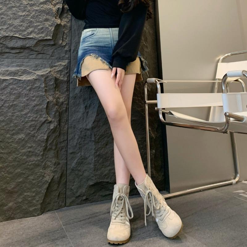 High-top Flat-bottomed Boxing Sneakers Women's New Round-head Versatile Casual Shoes Inner Height-increasing Martin Boots Short Boots