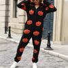 Women's Halloween Print Zipper Loose Plush Jumpsuit