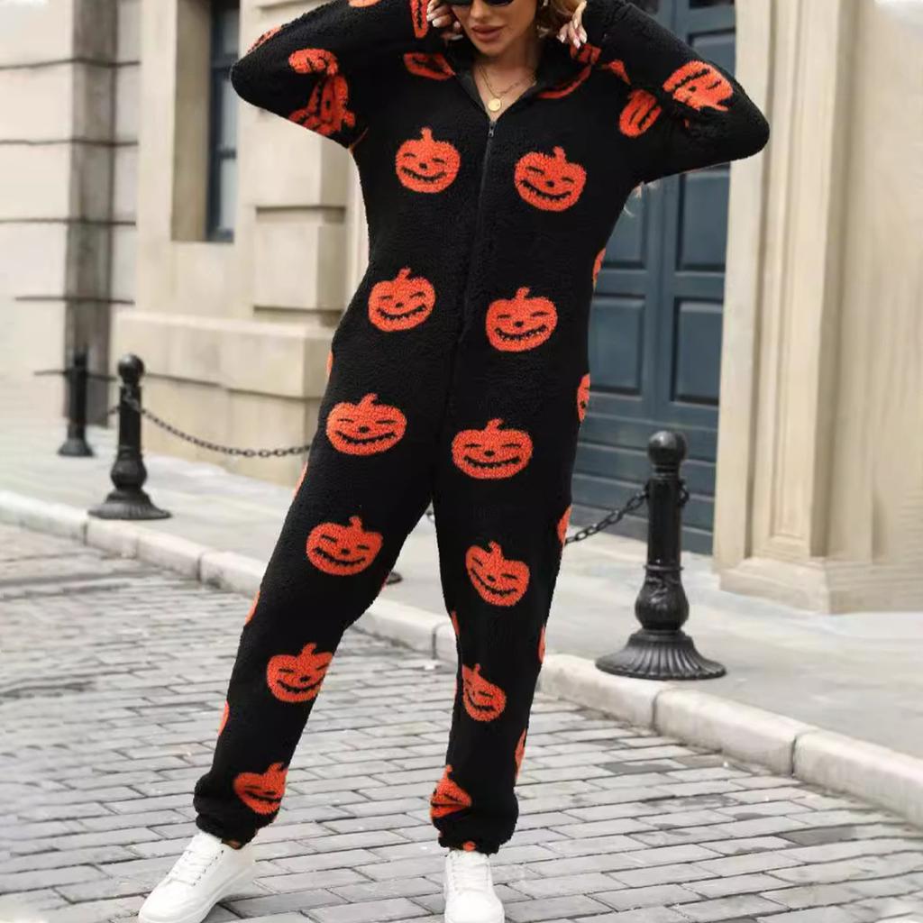 Women's Halloween Print Zipper Loose Plush Jumpsuit
