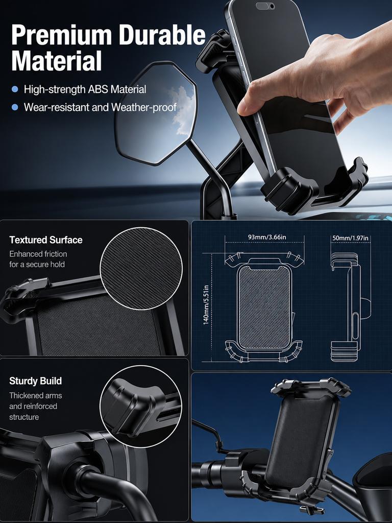 Motorcycle Phone Mount, One-Handed Anti-Shake Bike Holder, Universal Fit for Electric Scooter & Motorbike