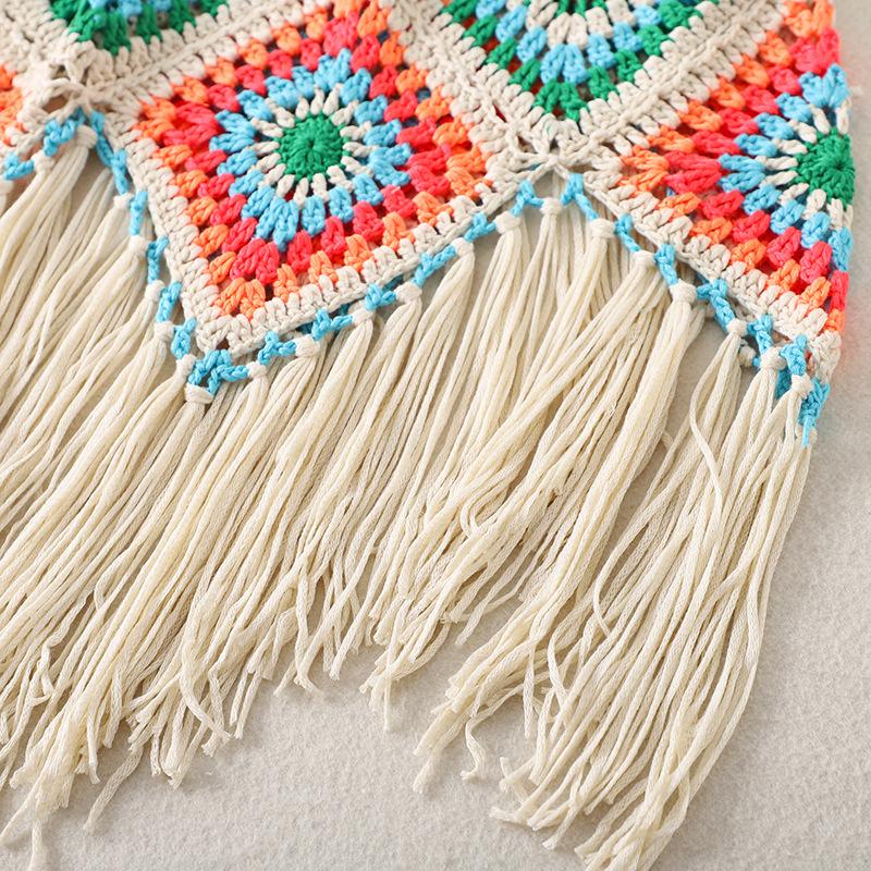 Summer Women's Camisole Ethnic Style Halter Pure Handmade Crochet Top Halter Bohemian Tassel Travel Holiday Vest