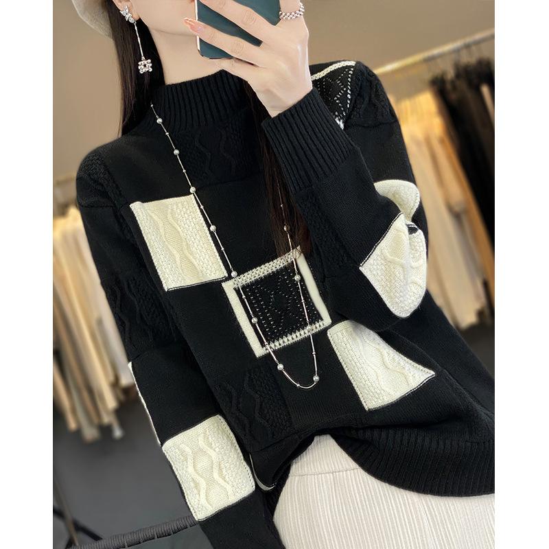 Half Turtleneck Sweater Women's Autumn and Winter Ladies with Color Matching Fashion Thick Loose Pullover Knitted Bottoming Shirt