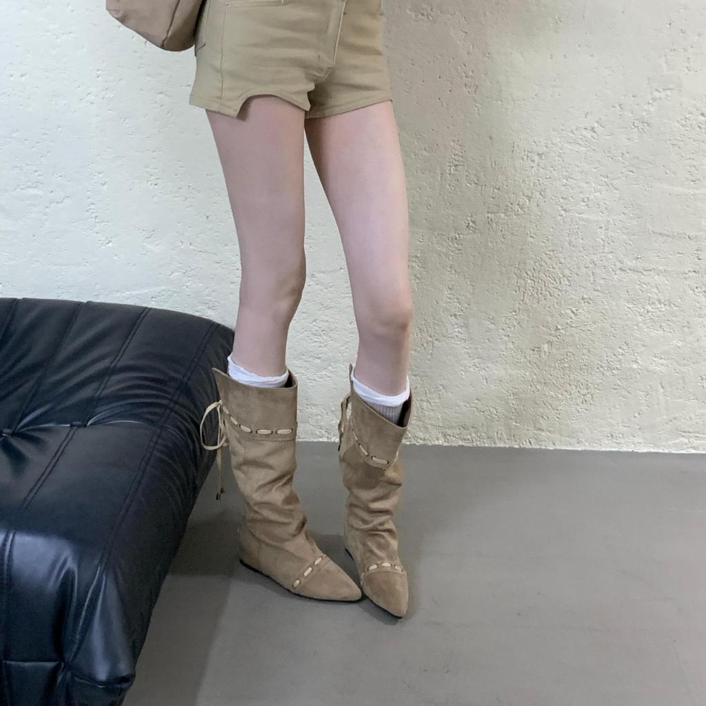 Design sense Spice girl wedge trouser boots autumn and winter new pointed but knee mid-heel fashion boots temperament fashion boots