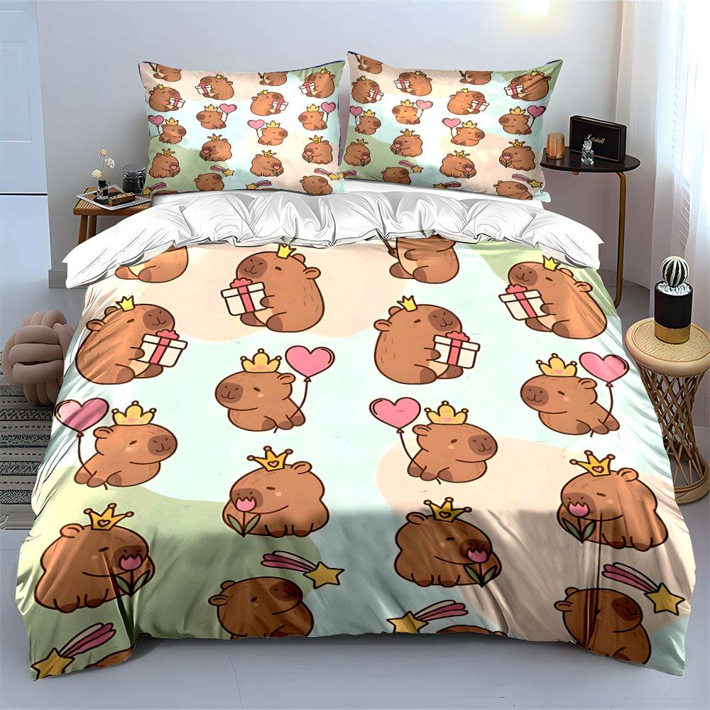 Cute Capybara Crown Pattern Bedding Duvet Cover Set (1*Duvet Cover 2*Pillowcases, Without Duvet Insert)