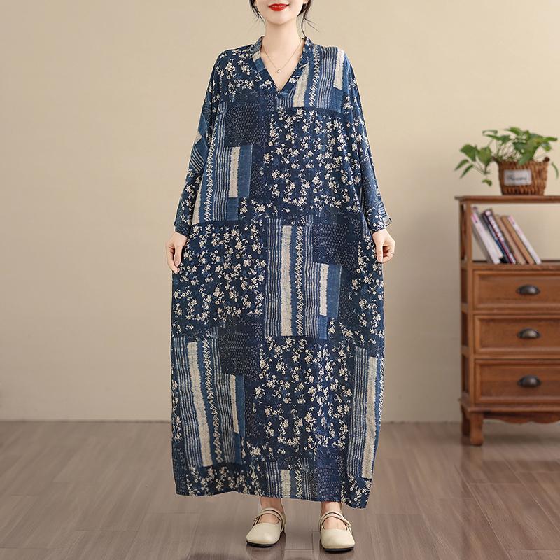 DIMANAF Spring Summer New 2026 Women Plus Size Long Dress Loose Basic Vintage Oversize Long Sleeve Maxi Floral