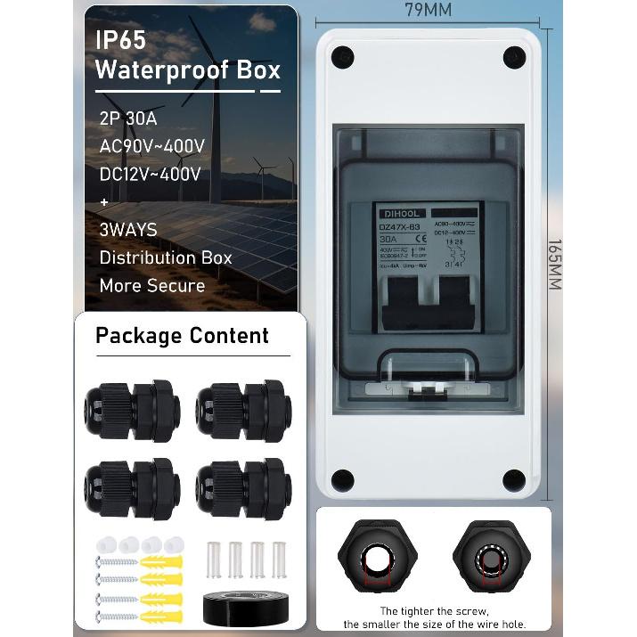 DIHOOL AC DC Circuit Breaker with IP65 Din Box for Solar Systems, 30 Amp 2 Pole 12V-400V, Non Polarized, Solar Panel Disconnect Switch, PV Array Shut