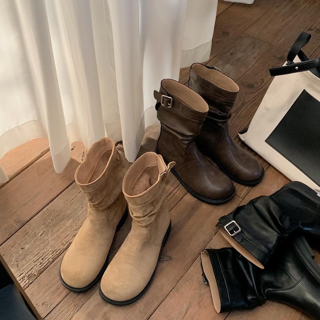 Korean Round Head Pleated Suede Thick Heel Thick Bottom Piled Low-top Short Boots Women's 2025 New Belt Buckle Martin Boots