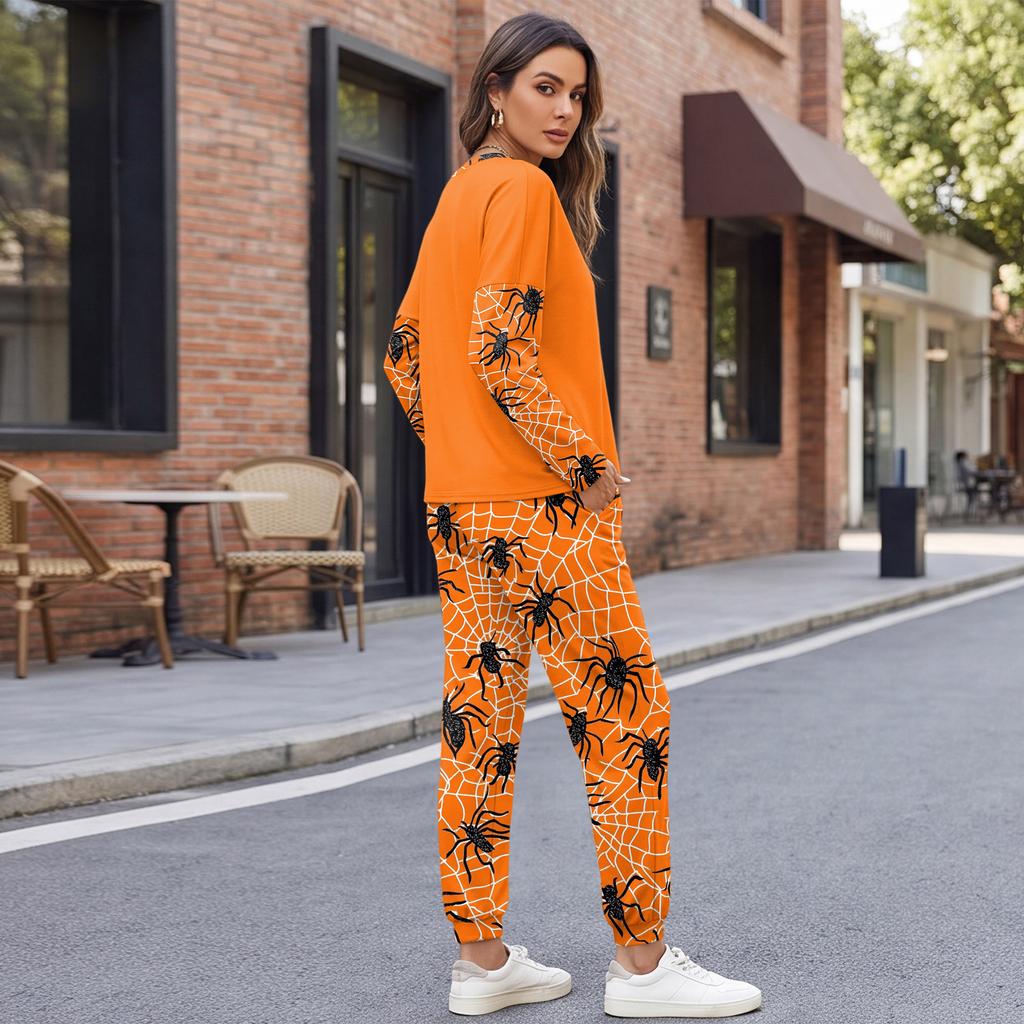 Women's Casual Sweatshirt and Jogger Set with Halloween Print, Round Neck, Loose Fit, Chest Pocket