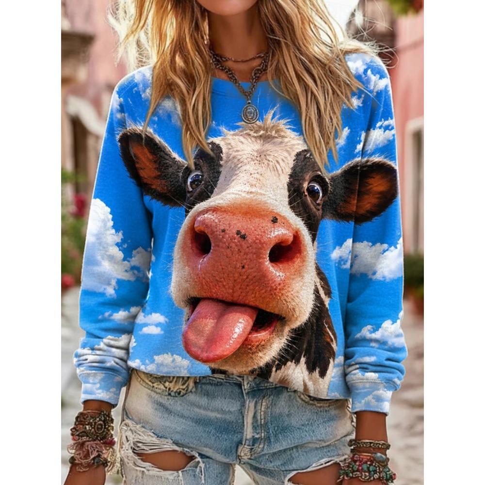 Tops for Women Animal Print Round Neck Long Sleeve T-shirt Fall Casual Slim Pullover Women's Long Sleeve Top