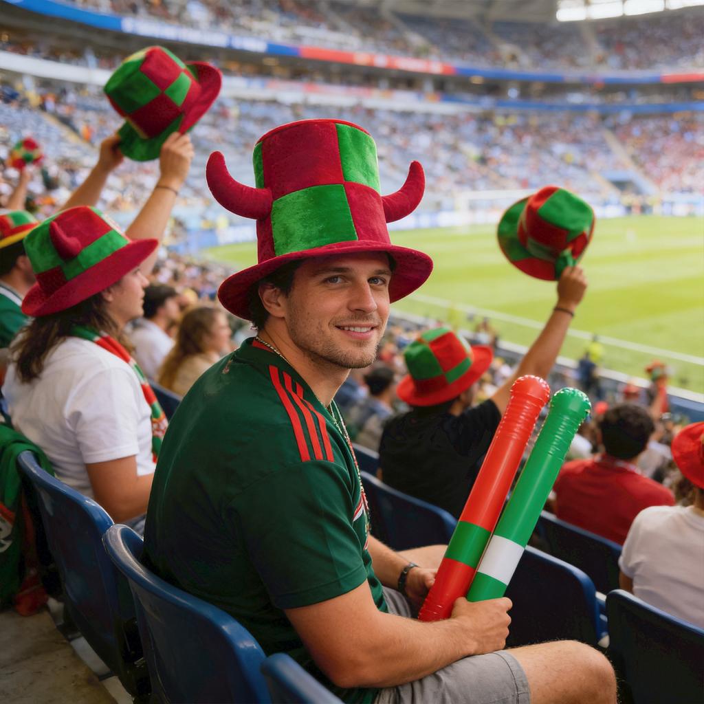 Hattar med fotbollsfanflaggtema, partyhattar, festhattar, hattar för att titta på och heja på matchen.