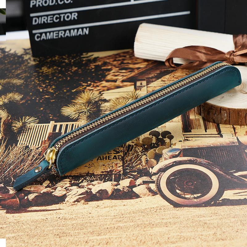 AIGUONIU Mini Handwritten Leather Pencil Case Portable Cowhide Zipper Pen Protective Case