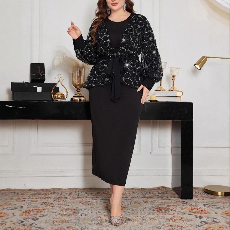Damen Übergröße Zweiteiler Rundhals Langarm Eng Bodycon Langes Kleid Strickjacke Set