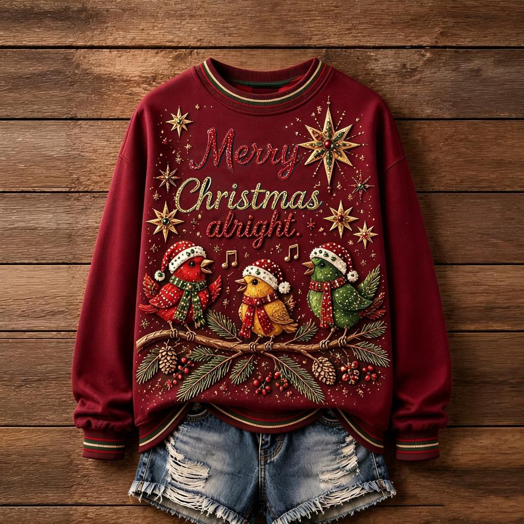 Women's Christmas Print Round Neck Long Sleeve Pullover Top for Holiday Casual Wear