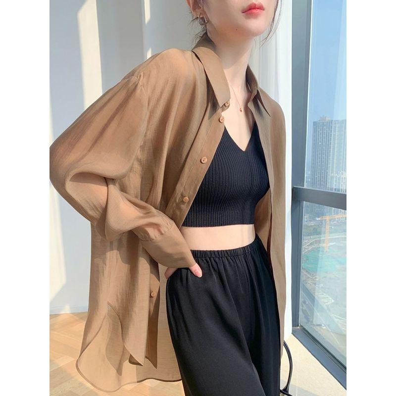 

Летняя тонкая рубашка из тенсела 2023, новинка, простая повседневная, с длинными рукавами, верхняя одежда, защита от солнца, женские топы из лиоцелла Curry L