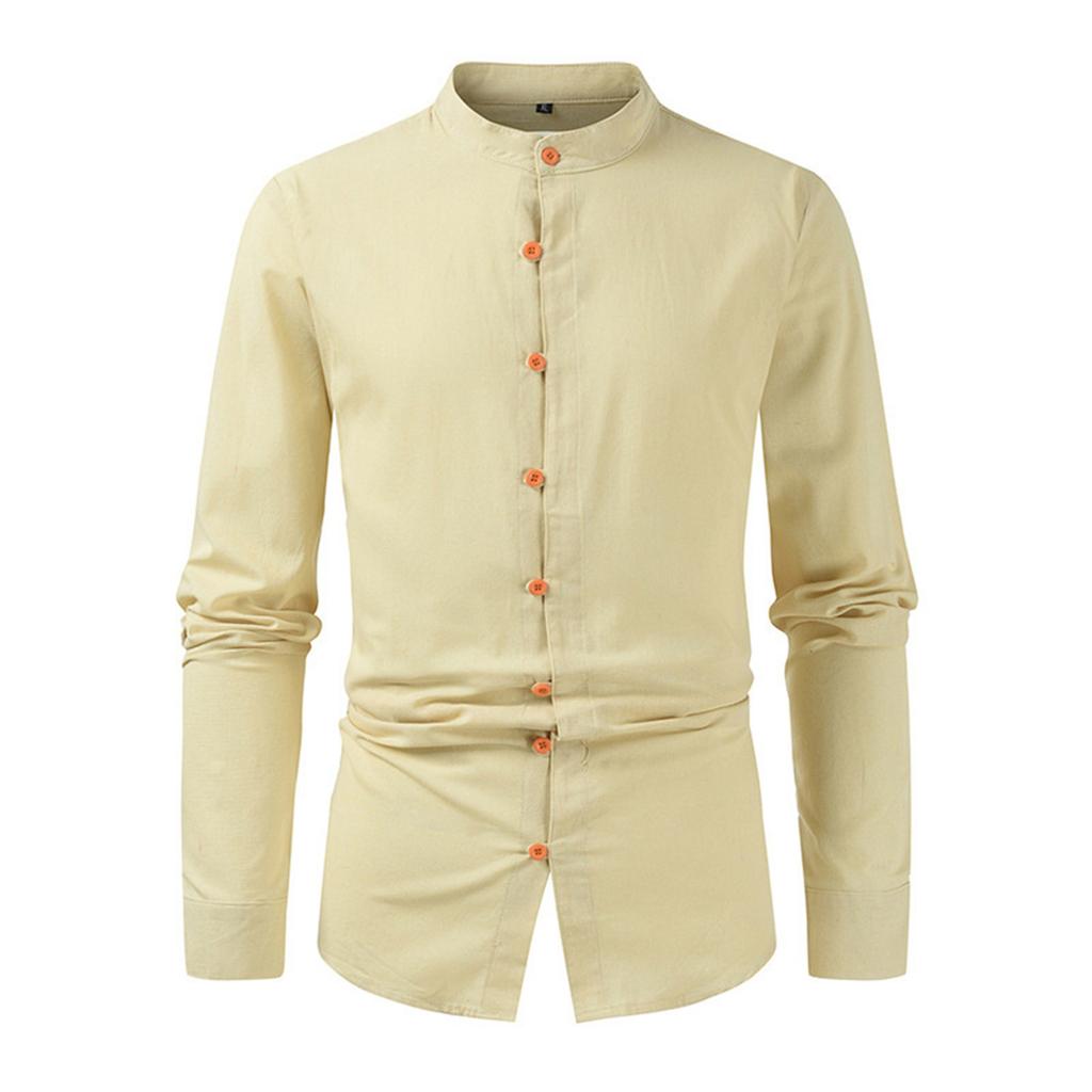 Men's Casual Business Solid Color Long Sleeve Shirt Men's Stand Collar Button-Down Shirt