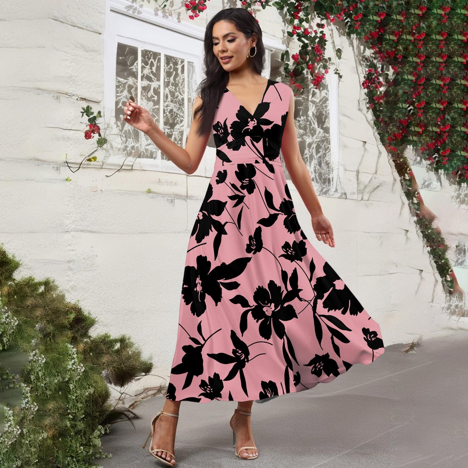 

Женское повседневное и модное платье без рукавов с цветочным принтом и V-образным вырезом Платье без рукавов XL розовый