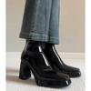 Spot French High-heeled Short Boots Women's 2025 Autumn and Winter New Patent Leather Waterproof Table Square Head Side Zipper Thick Heel Thin Boots