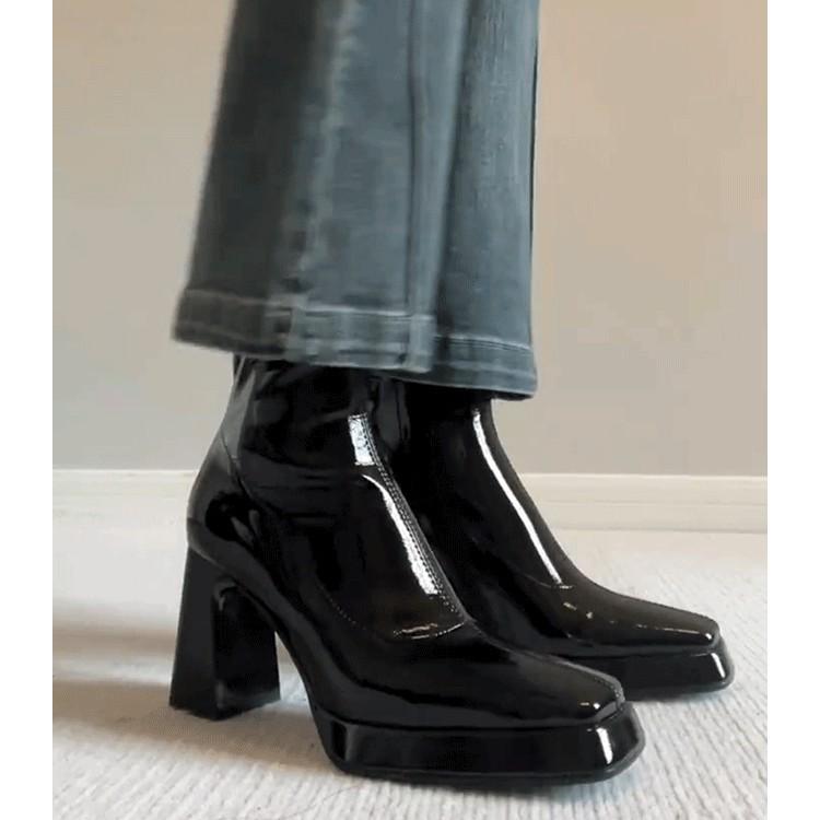 Spot French High-heeled Short Boots Women's 2025 Autumn and Winter New Patent Leather Waterproof Table Square Head Side Zipper Thick Heel Thin Boots