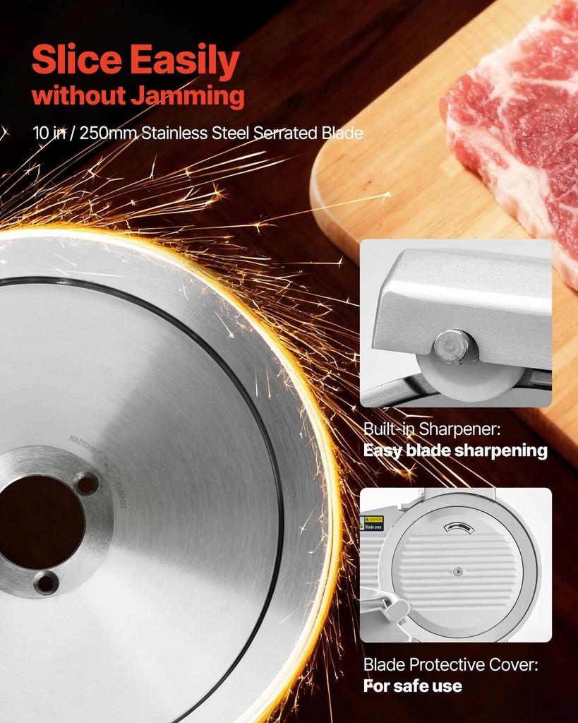 Commercial Meat Slicer, 320W Electric Deli Slicer Machine with 250 mm Sharp Blade, Meat-Slicer with 450 RPM Slicing Speed, 0-10 mm Adjustable